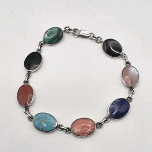 Boma Vintage Sterling Silver Multi Stone Inlay Oval Link Bracelet 7.5"